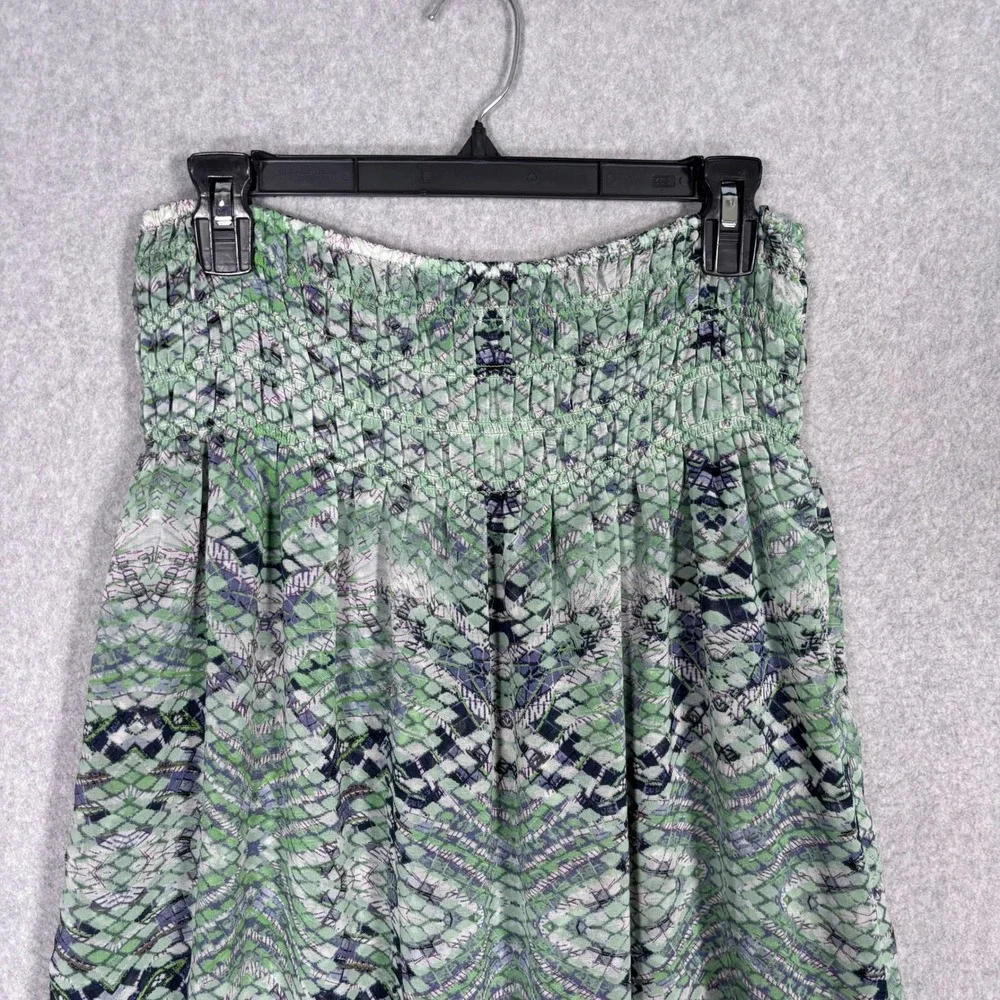 Cabi Reversible Midi Skirt Small Green Navy Snakeskin Abstract Smocked Waist 764
